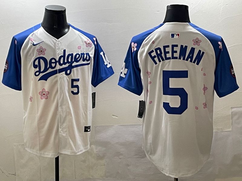 Men Los Angeles Dodgers #5 Freeman White Blue Sakura Edition 2025 Nike MLB Jersey style 8